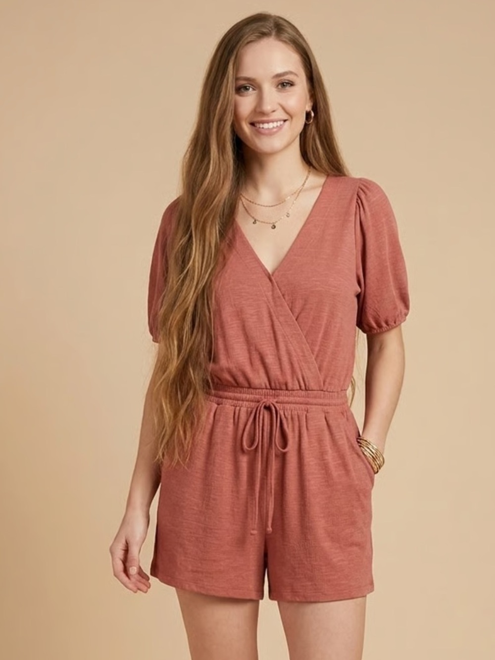 NINE WEST | Rust Red Spliced Neck Romper Sz L
